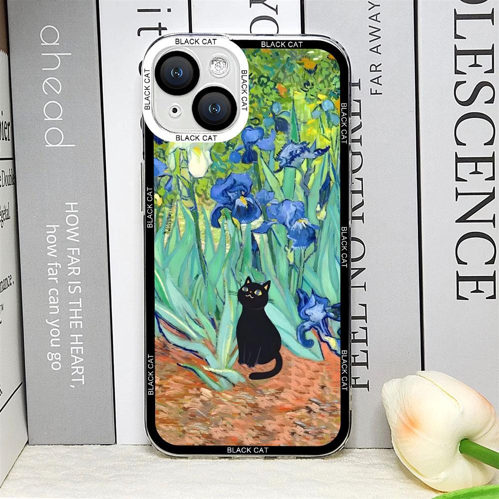 Retro Oil Painting Van-Gogh Flower Art Cat Phone Case for IPhone 16 15 11 13 12 Mini 14 Pro Max 7 8Plus SE X XS Soft Cover Shell