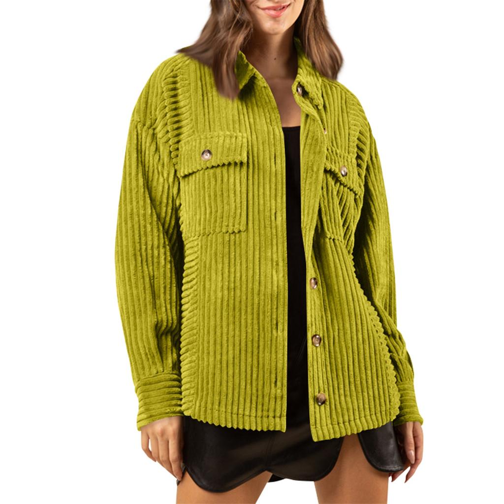 Women's Autumn And Winter Solid Color Fashion Strip Big Pocket Shirt Coat