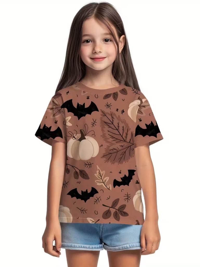 T-Shirt for Girls Halloween Cartoon Pumpkin Print Round Neck Short Sleeve Tops Fashion Girls Clothes Holiday Children's Clothing