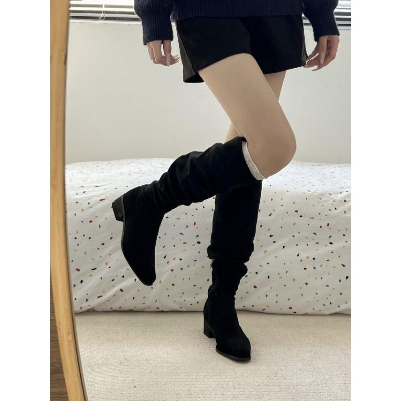 

Big tube circumferential boots women s new wide tube thick leg long boots flat bottom stacking boots straight boots suede high boots 35 чёрный