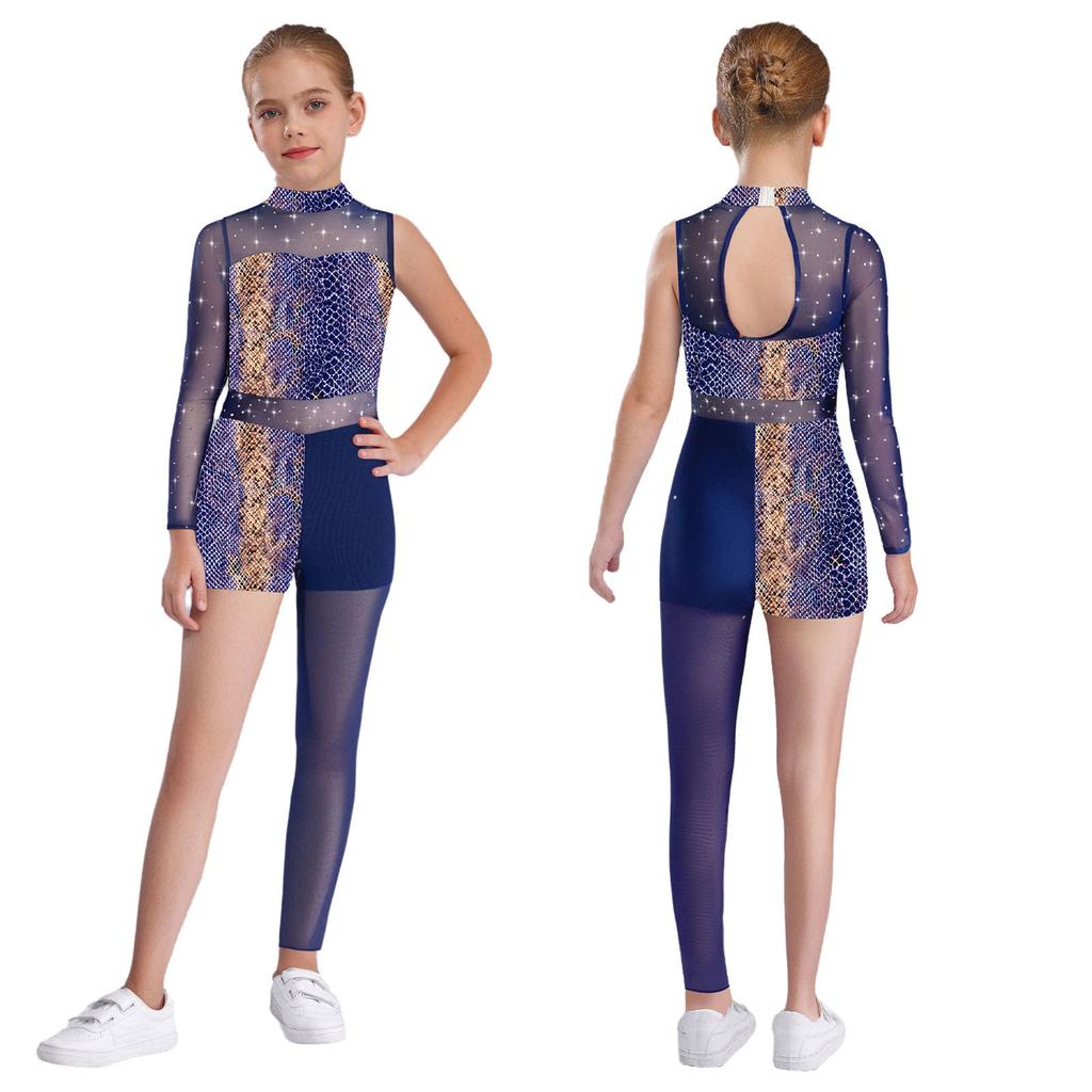 Girls Stage Performance Bodysuit: Choose Star, Leopard or Snakeskin Print with Shiny Rhinestones & Sheer Mesh Panels