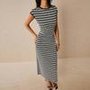 Women's Fashionable Casual Color Blocked Striped Waist Cinched Round Neck Short Sleeved Long Dress