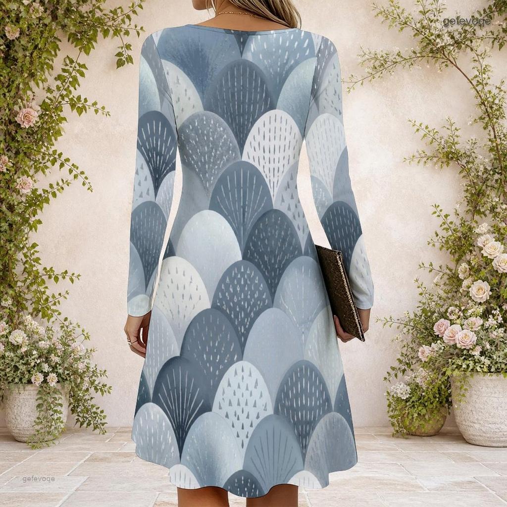 Women Abstract Printed Criss Cross V Neck Long Sleeve Fitted Curved Hem Dress