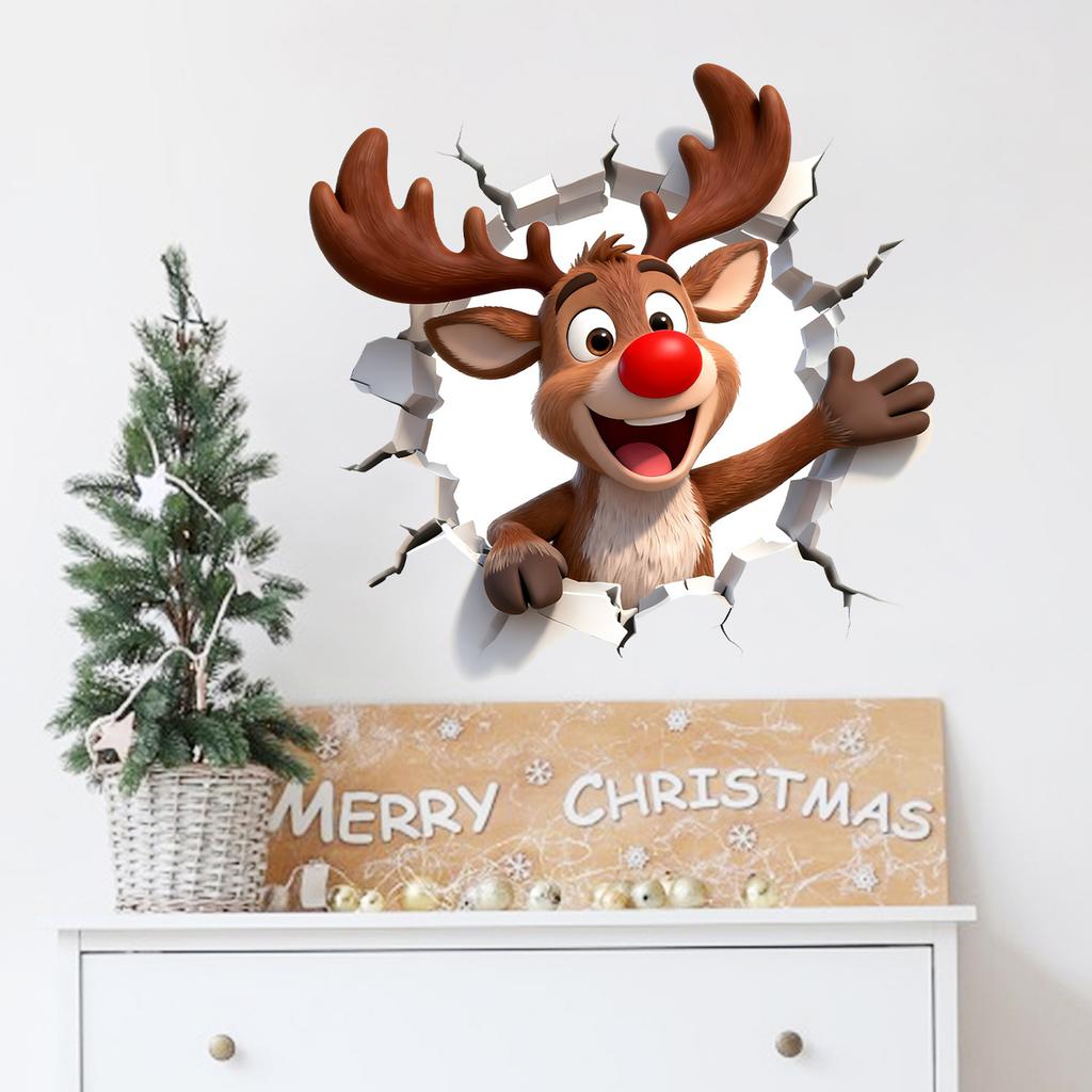 Christmas Creative Visual Effect Broken Wall Cartoon Elk Sticker Festive Atmosphere Living Room Home Decoration Wall Sticker