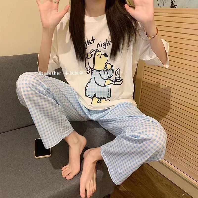 Pajamas women's short-sleeved trousers summer cartoon cute 2 new cartoon spring and summer loungewear suit can be worn outside
