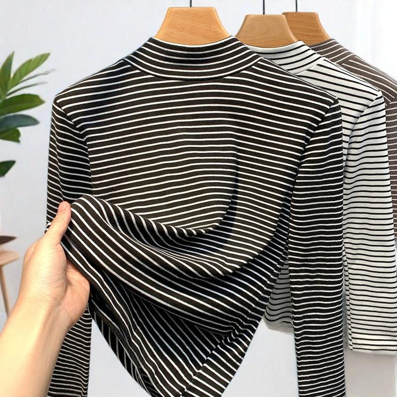 Women S Slim Fit Striped Half Turtleneck Long Sleeve Thermal Base Layer Top