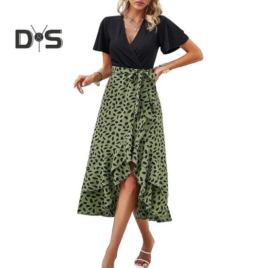 Women's Ruffle Irregular Hem Midi Dress Short Sleeve V-Neck Printed Wrap Dress Summer Beach Wedding Guest Dresses