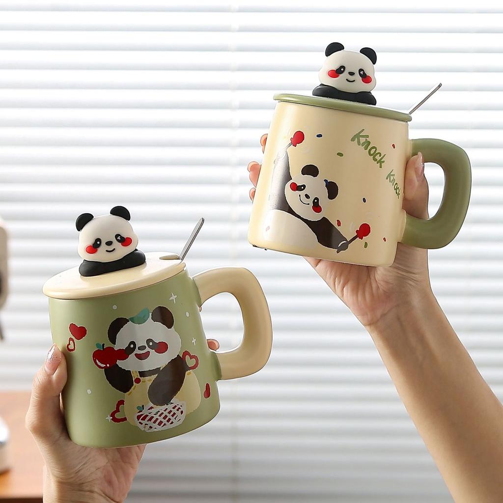 Creative Hand Painted Panda Ceramic Cups  Cute Retro Mugs  High Appearance Level Couple Cups with LIDS  Household Drinking Cups