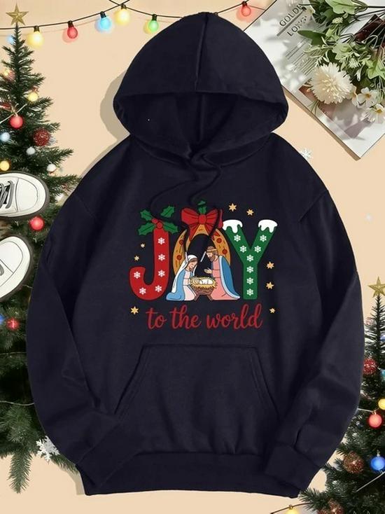 Women’s Merry Christmas Happy World Print Pocket Loose Hoodie