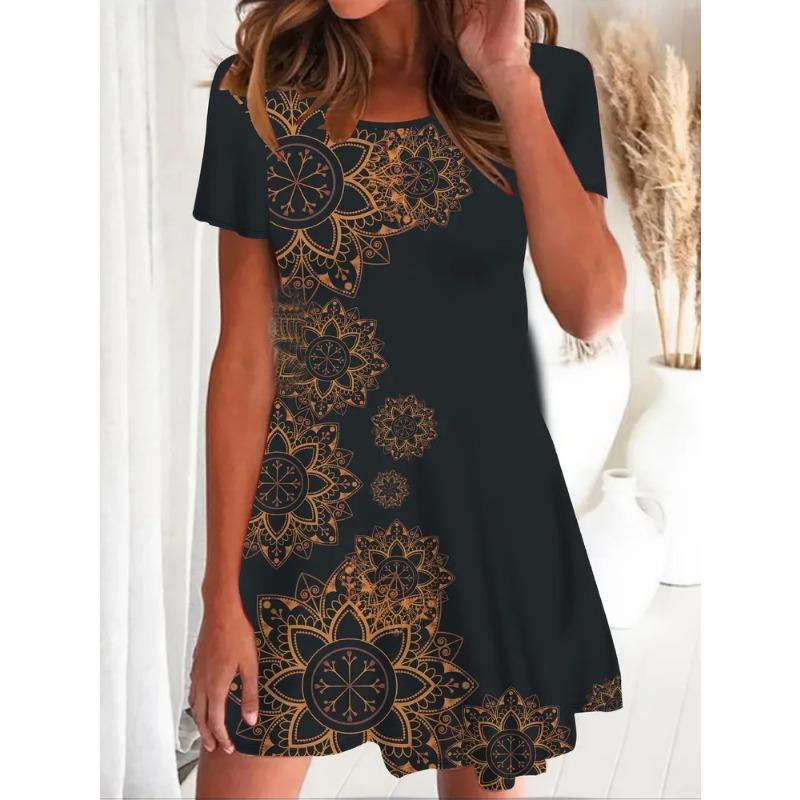 Sommer Damen 3D-Druck Rundhals Kurzarm Kleid Mode Vielseitig Trend Atmungsaktiv Lässig