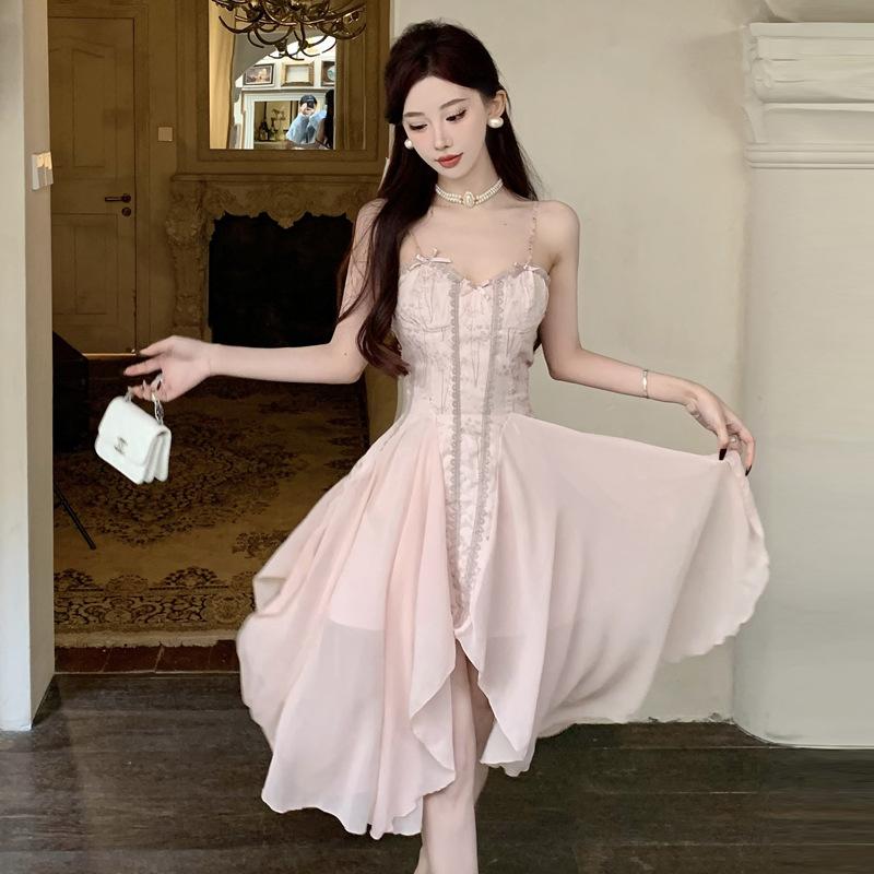 

Женское милое кружевное сетчатое платье с подтяжками на талии S розовый