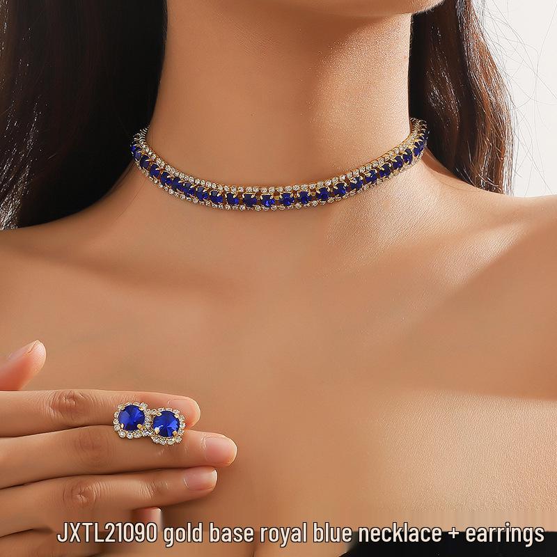 European & American Green Blue Choker Necklace & Stud Earrings Set for Women - Ideal for Weddings & Evening Dresses