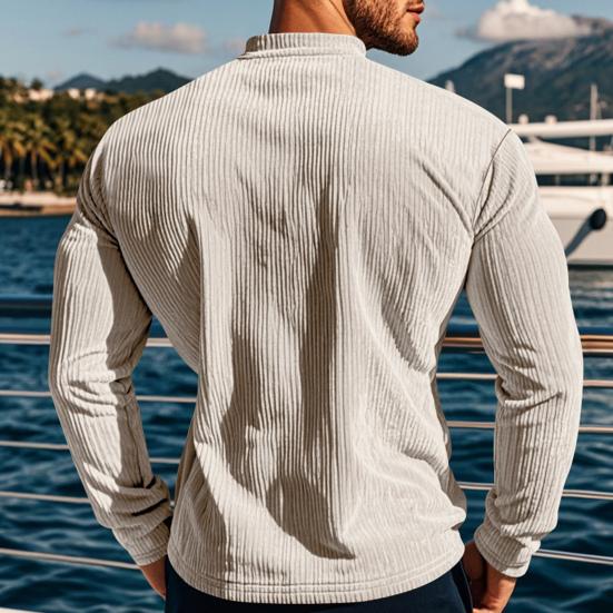 Men Long Sleeve T-Shirt Corduroy Solid Color Spring And Autumn T-Shirt Casual Henry Collar Slim Fit Tee for Daily Wear Travel Office