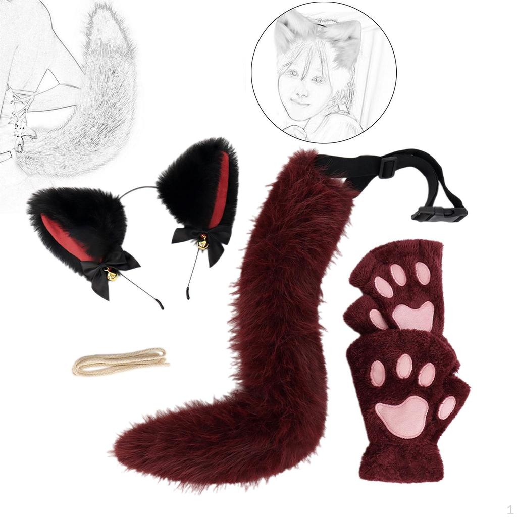 Plush Cat Ears Headband, Claws Gloves and Tail Set Costume Accessories for Party