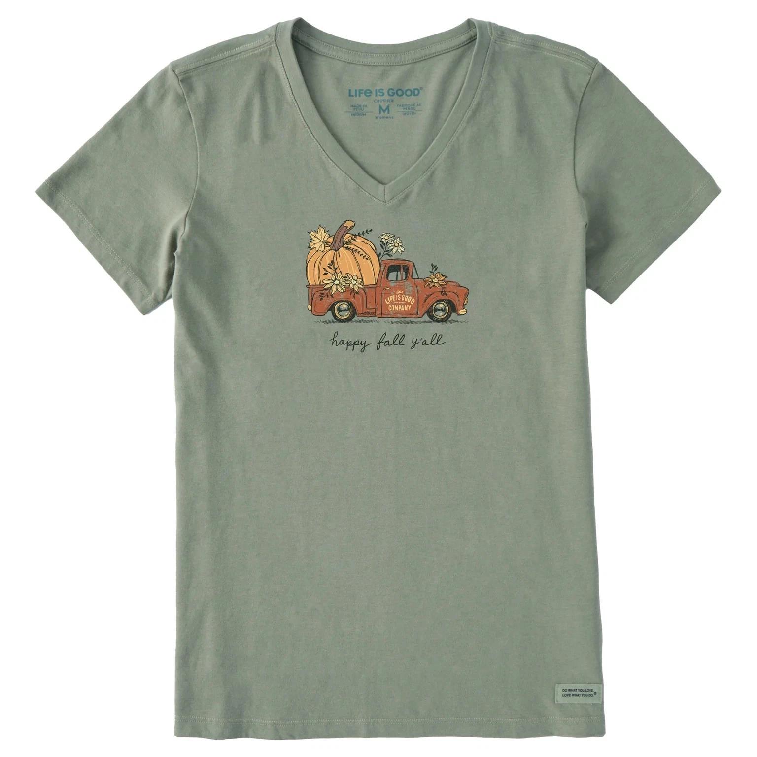 

Life is Good Women s Happy Fall Y all Pickup Short Sleeve Crusher Vee Moss Green 4XL