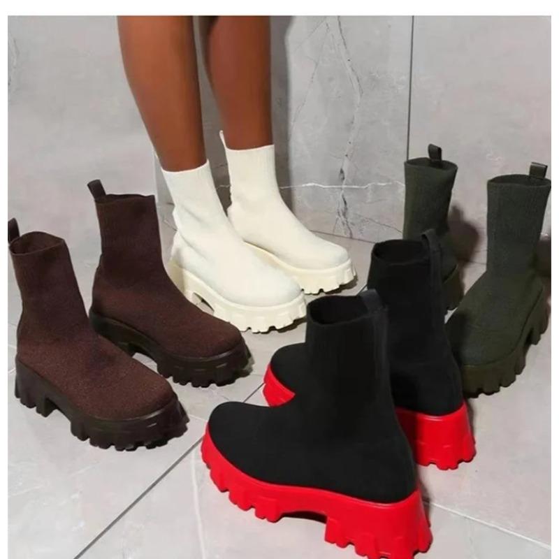 Dámské boty Krátké pletené platformové boty Podzimní zimní boty pro ženy Kotníkové boty Podpatky Bílé Zimní Botas Mujer