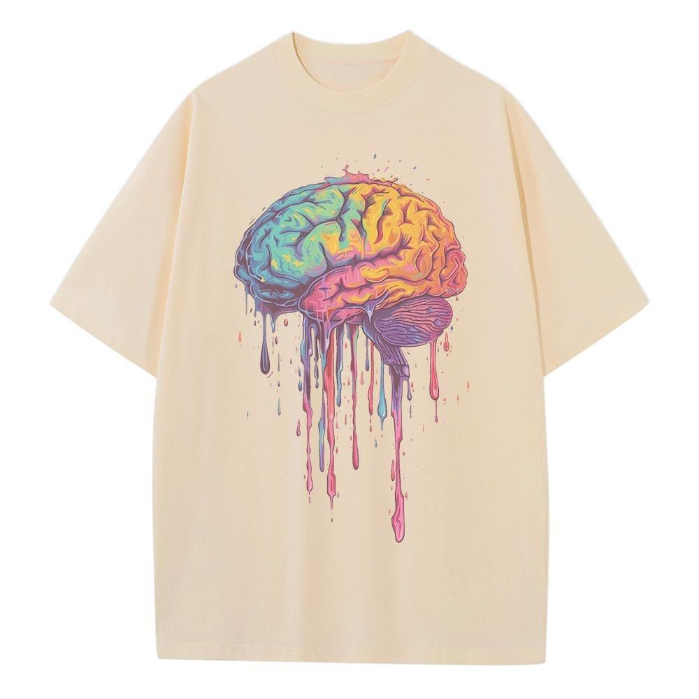 Cotton Graphic T Shirts Colorful Brain Illustration Printed Unisex Tops Heavyweight Drop Shoulder Oversized T Shirt