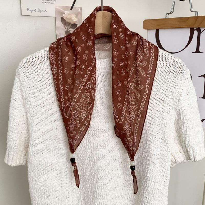 New high-end bohemian retro floral wood bead silk scarf women's tie headband small scarf belt accessories