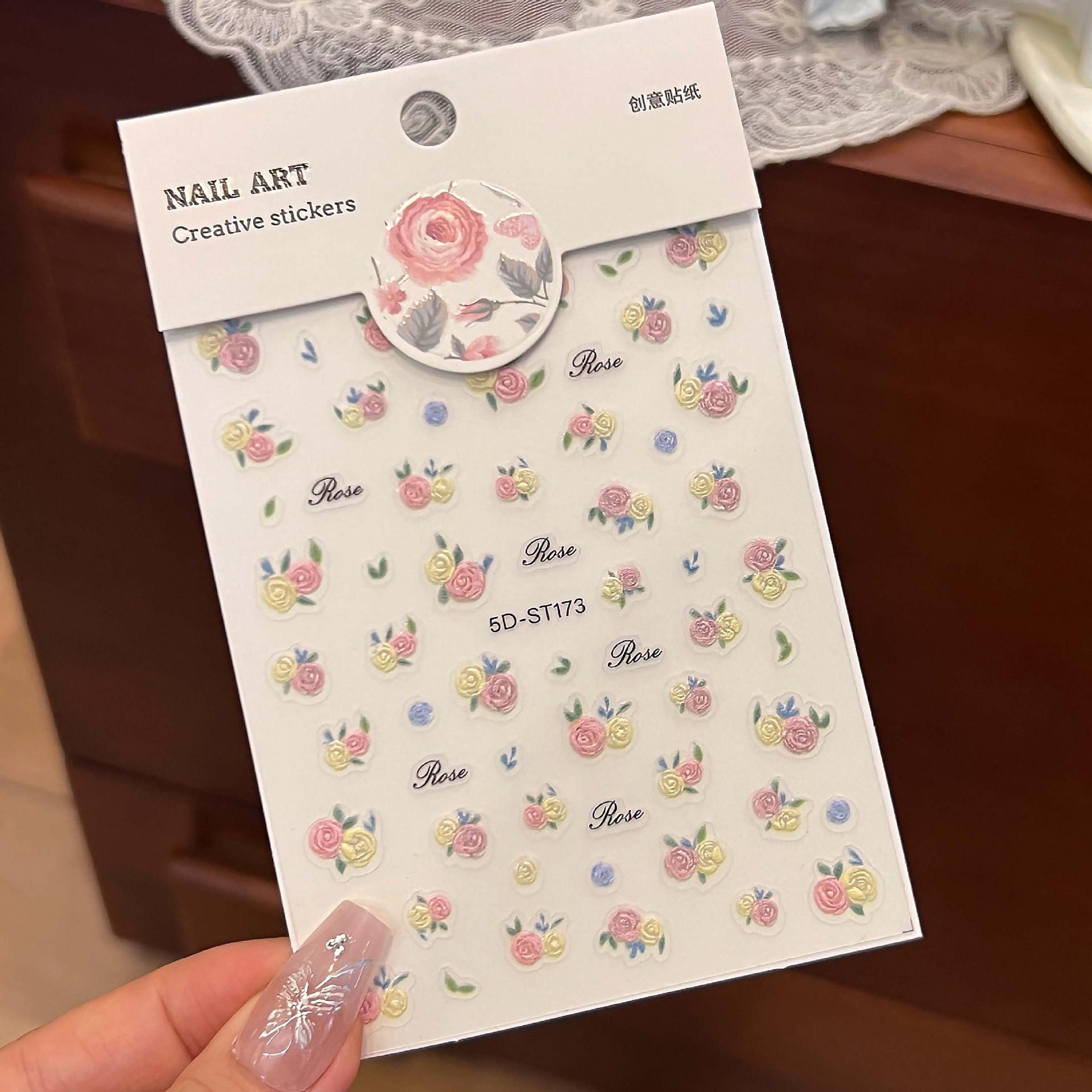 Pink rose nail sticker, fresh and sweet flower nail art sticker, light sticker, fit 5D relief without curling edge sticker 5DST173