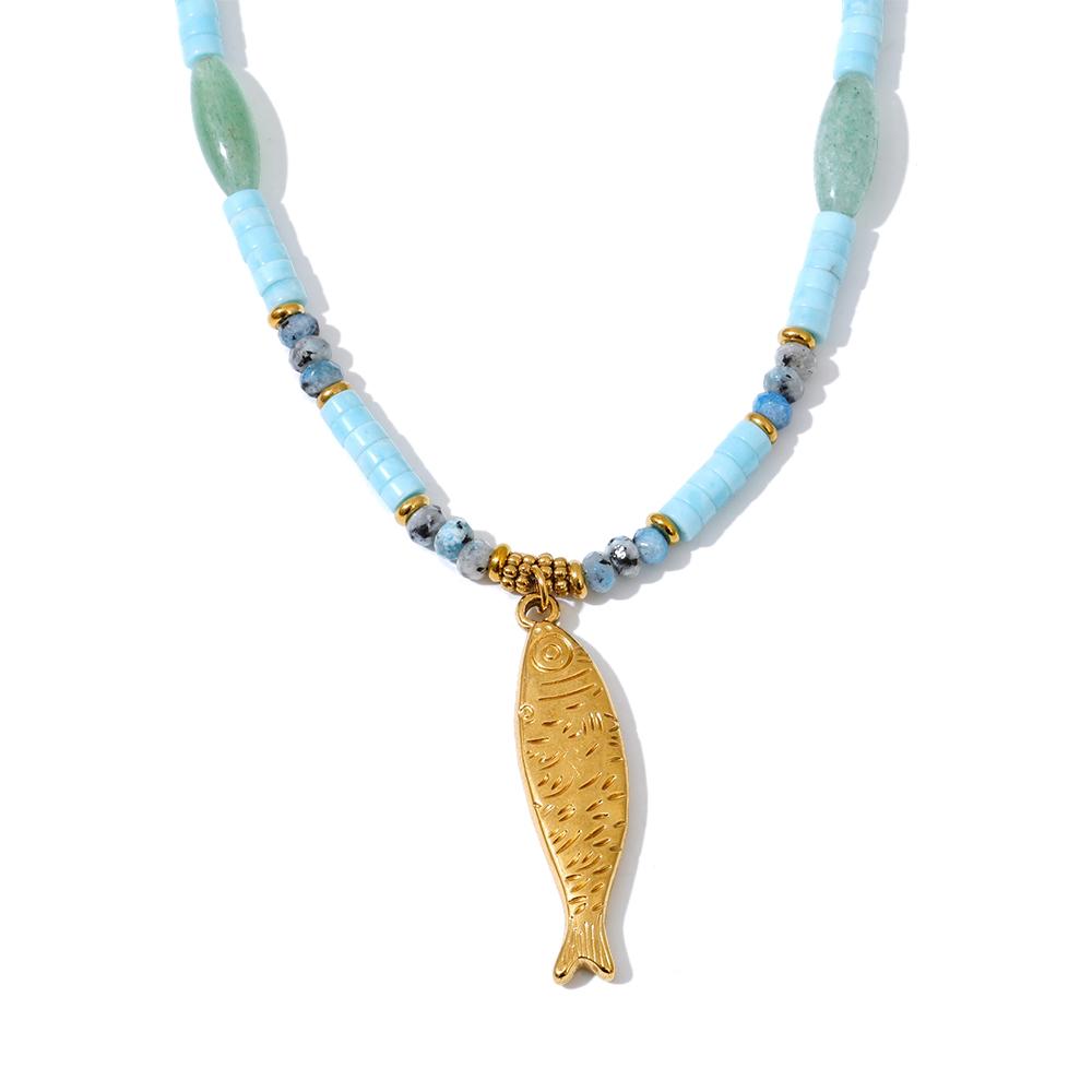

Yhpup New Natural Aventurine Stone Chain Fish Necklace Pendant Stainless Steel Summer Handmade Jewelry Gift Recommend