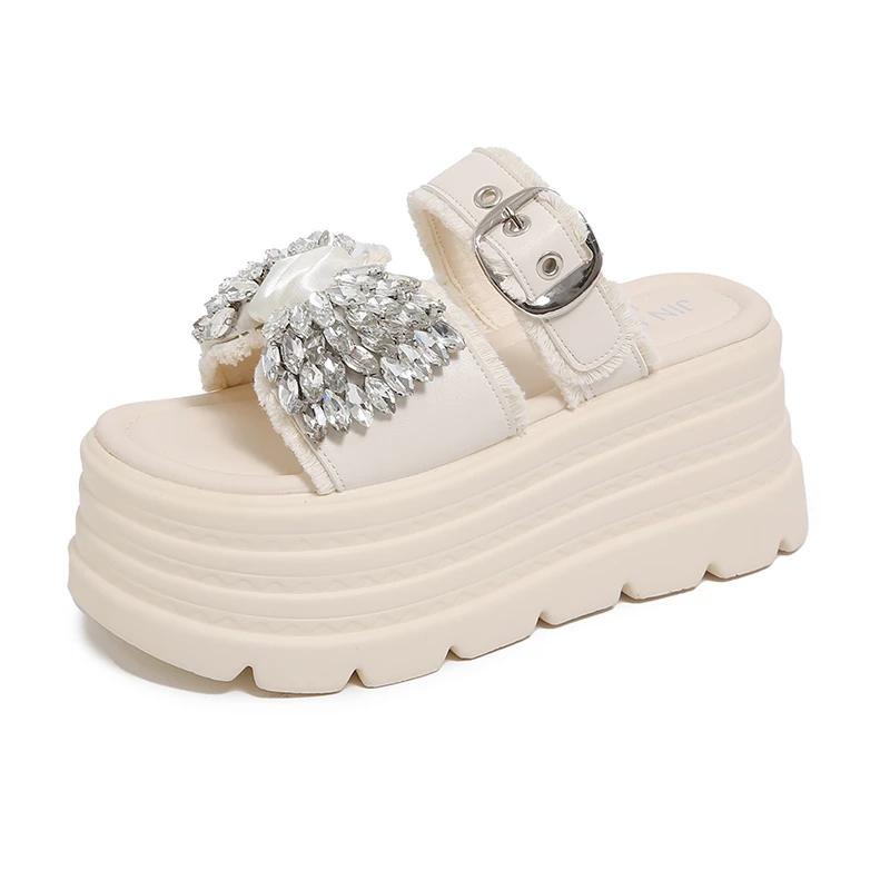 New Women's Summer Outdoor Thick Bottom Slip-On Slippers 8.5CM Butterfly Knot High Heels Bling Diamond Shoes Ladies Flat Sandals