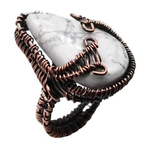Howlite Natural Gemstone Copper Wire-Wrapped Ring US Size-7.5 A 578
