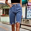 Women's High Waisted Distressed Bermuda Denim Shorts Knee Length Ripped Stretchy Jean Shorts with Pockets Frayed Hem Short Pants