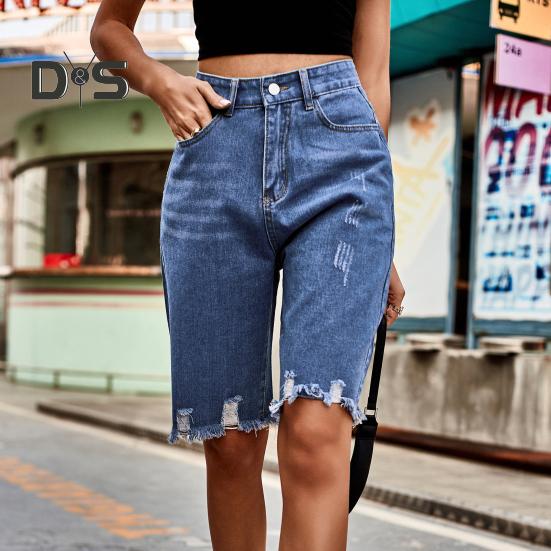 Women's High Waisted Distressed Bermuda Denim Shorts Knee Length Ripped Stretchy Jean Shorts with Pockets Frayed Hem Short Pants