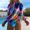 Women Long Sleeve One Piece Swimsuit Zip Front  Spiral Tie Dye Print Rash Guard Surfing Bathing Suit