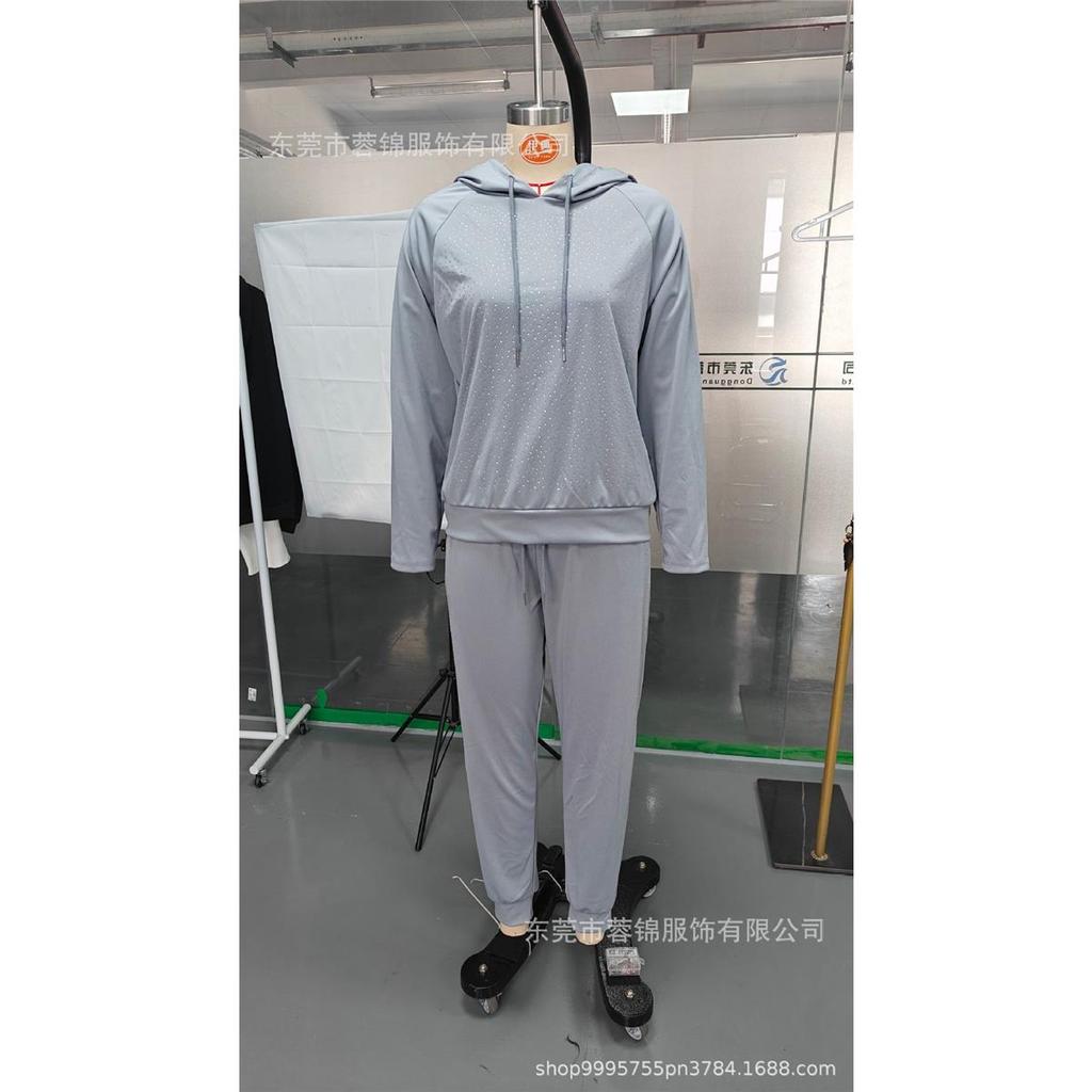 Women's Sets Plus Size Solid Color Long Sleeves with Pockets Rhinestone Hooded Sweatshirt Trousers 2 Piece Set