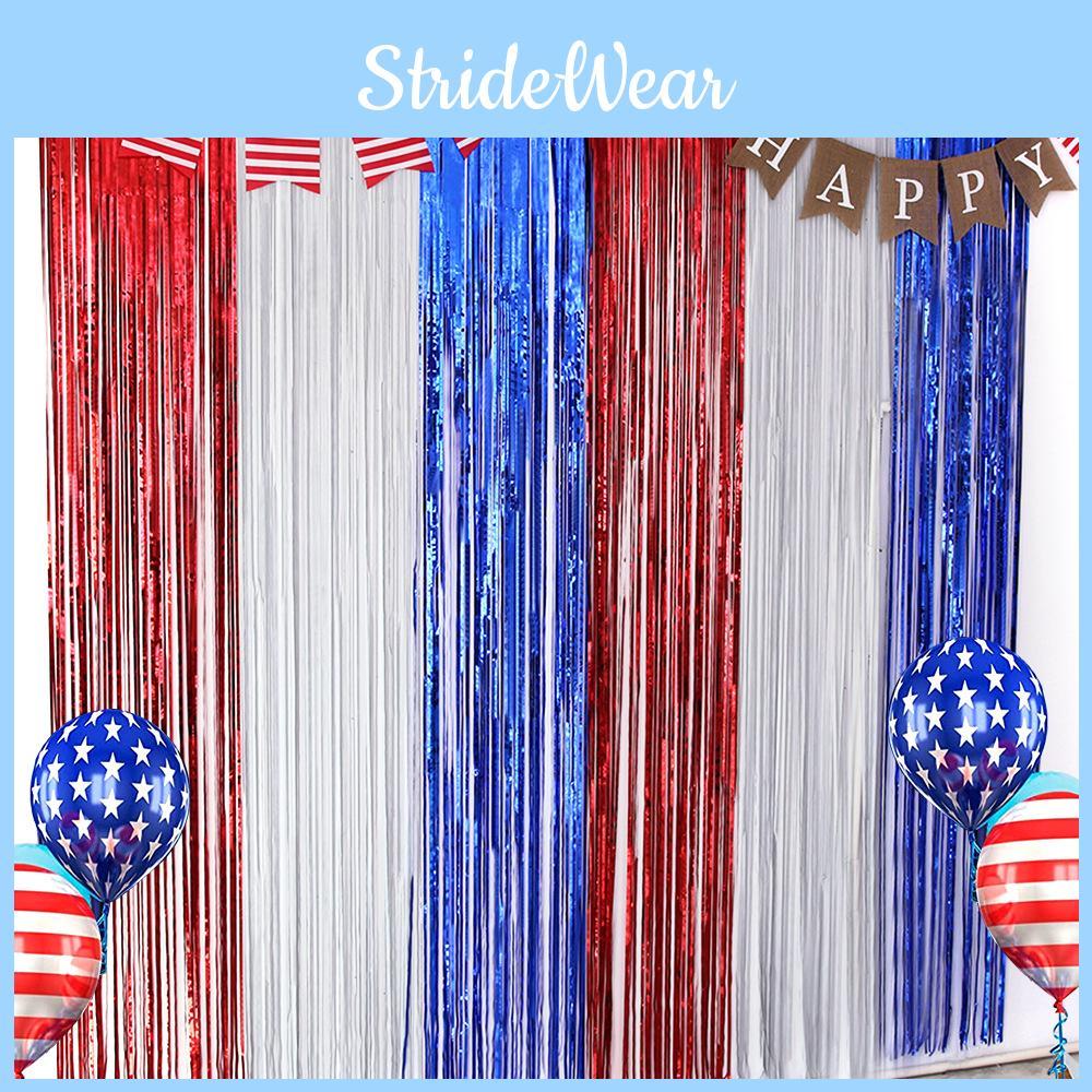 Festive Red Silver And Blue Foil Tinsel Curtain For Independence Day Celebration