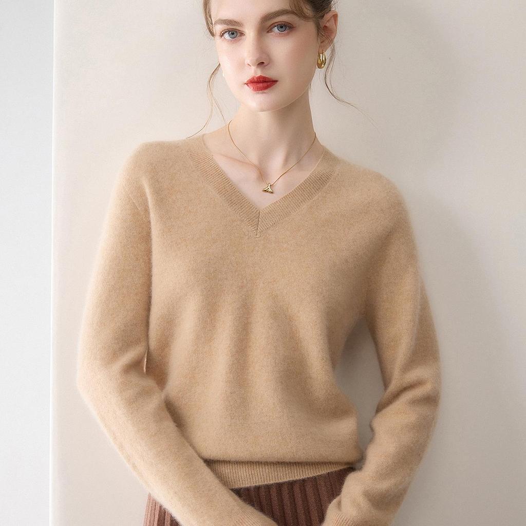 Minimalist Women's Pure Cashmere V-Neck Loose Knit Sweater - Early Autumn Pullover Top