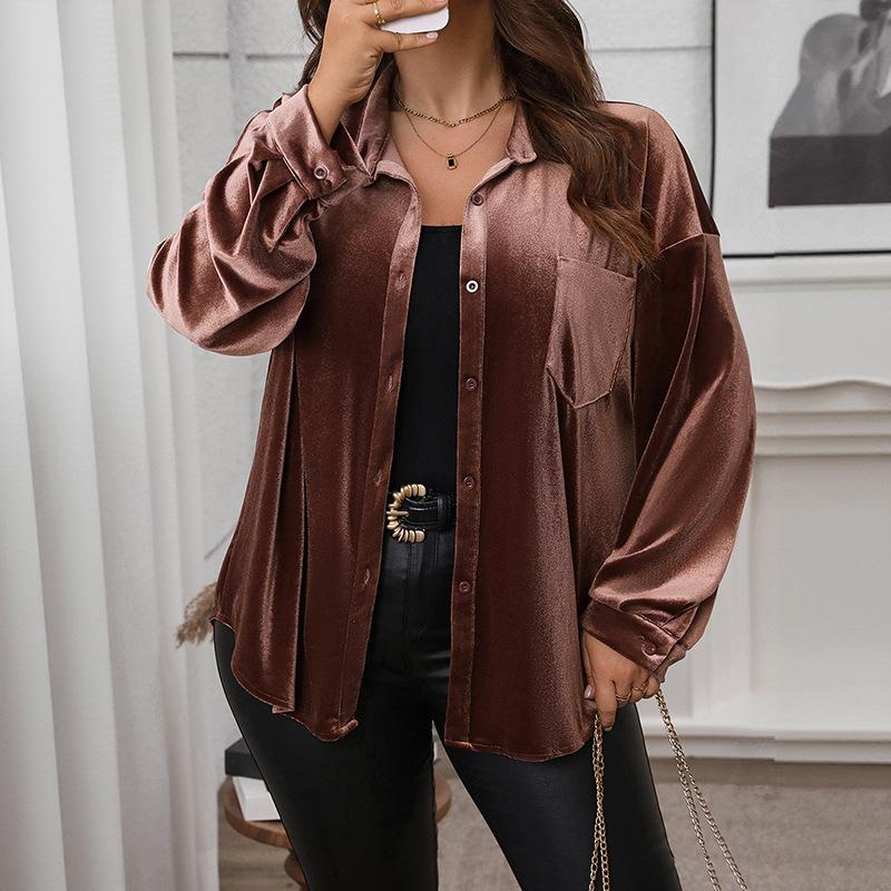 Autumn New Casual Retro Style Coat, Velvet Loose Lapel Solid Color Plus-size Shirt for Women