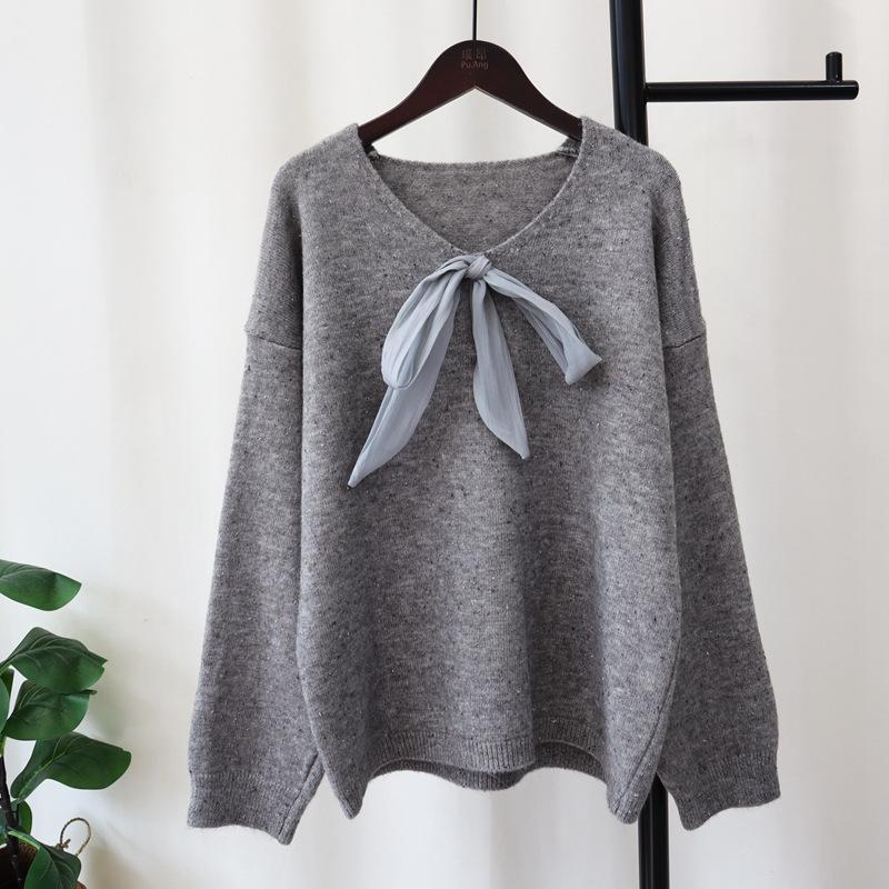 

Осень и зима новый цвет горошек шнуровка бант вязаный свитер топ свободный мягкий восковой нежный ветер свитер пуловер женщина one size fits all серый