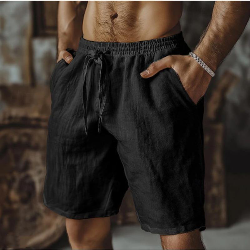Linen shorts drawstring elastic waist straight legs solid color breathable daily beach five-point casual pants