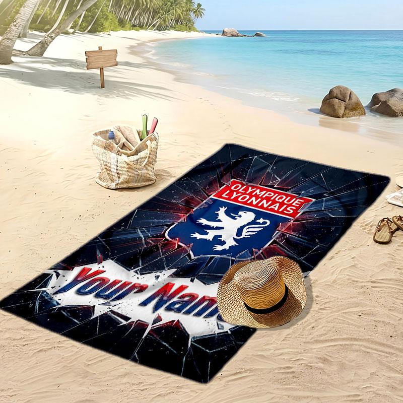 Lyon FC Personalized Printed Beach Towel Soccer Logo Support Custom Name Text Absorbent Towel For Sport Travel Special Gift