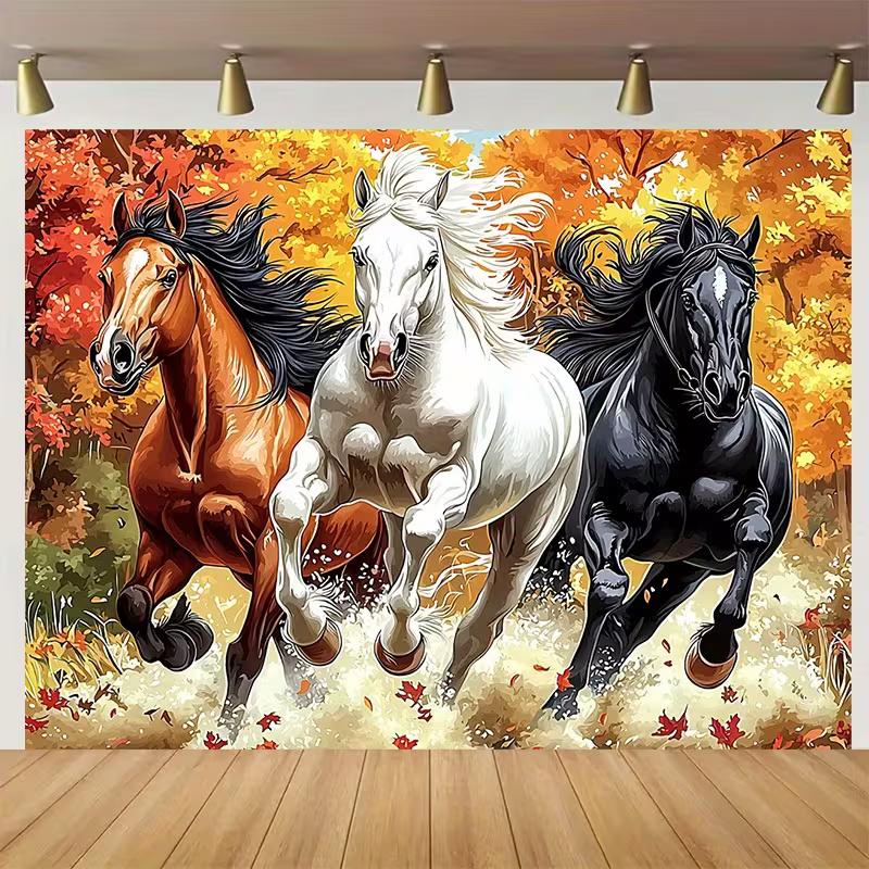

2D Galloping Horses Art Backdrop, Fall Forest Photo Background for Studio 47.2x31.5inch/120*80cm