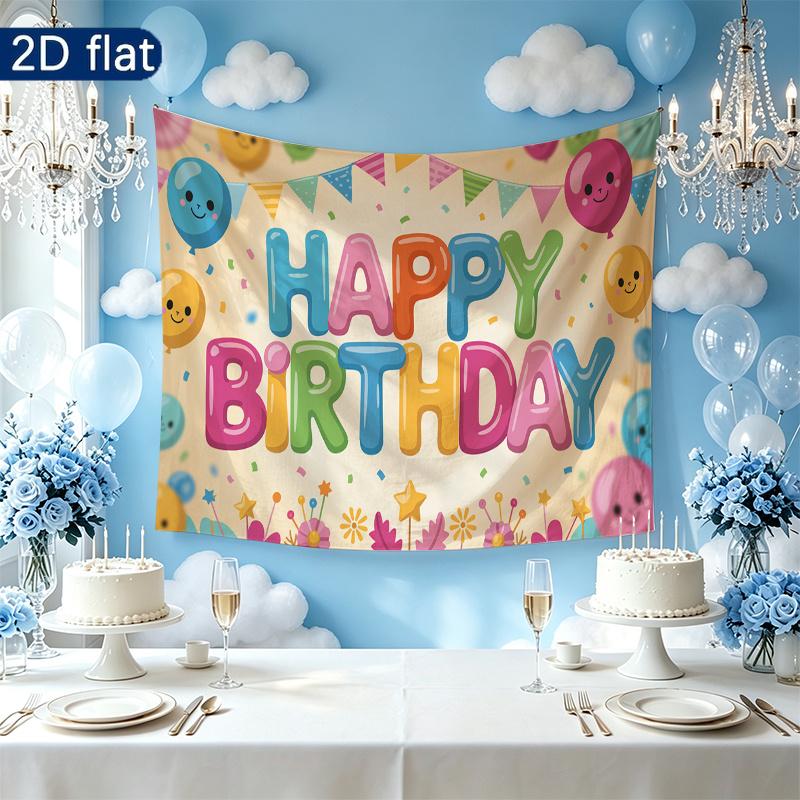 Birthday Party Rose Bouquet Balloons Candles Backdrop, Pink Polyester Banner for Photo Booth & Wall Decor