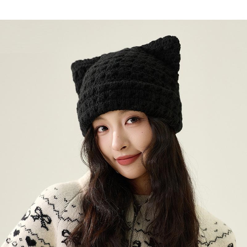 Katzenohren Wollmütze Herbst Winter Großer Kopf Warm Ohrenschutz Strickmütze