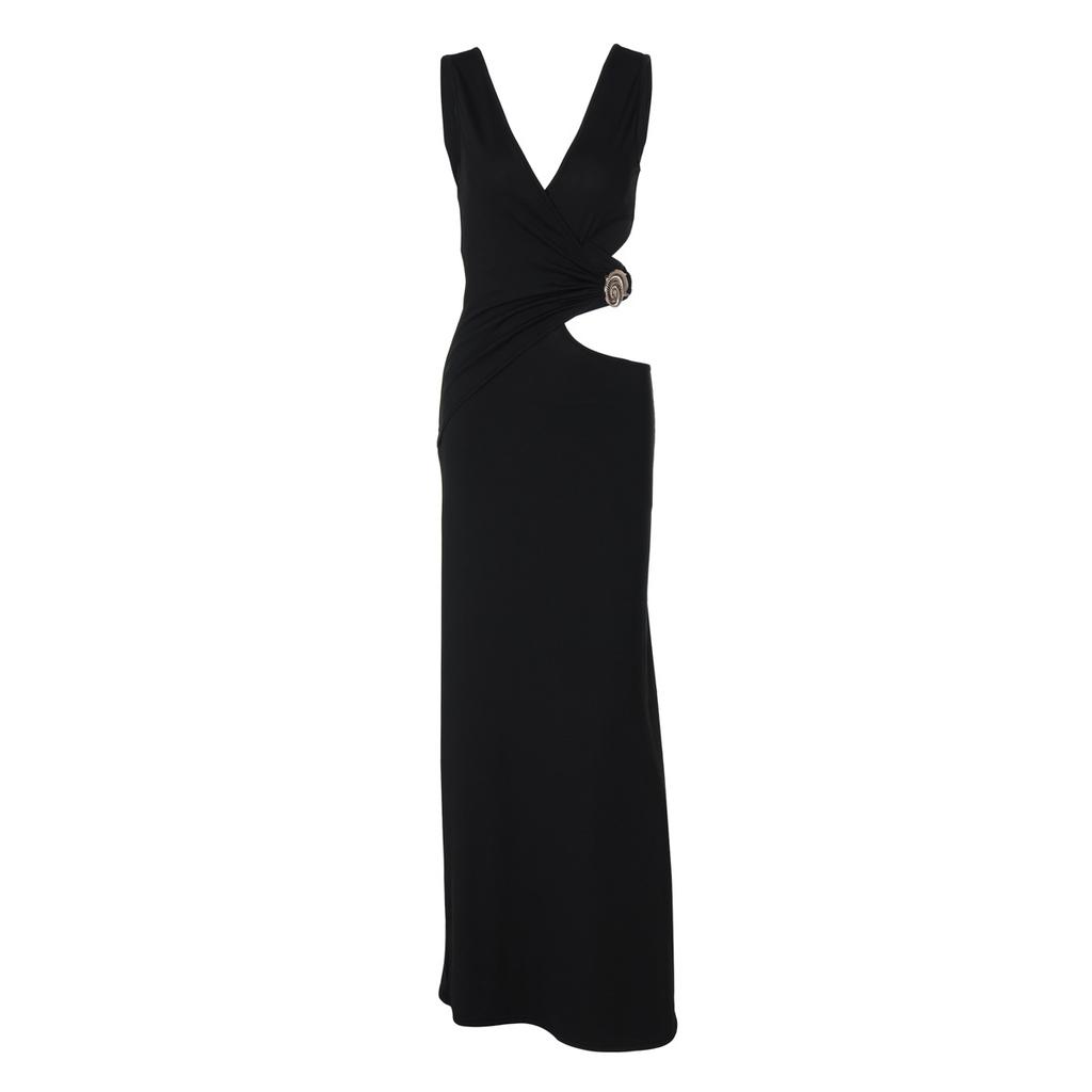 Women European American Style Solid Color V Neck Sleeveless Hollow Out Bodycon Long Dress