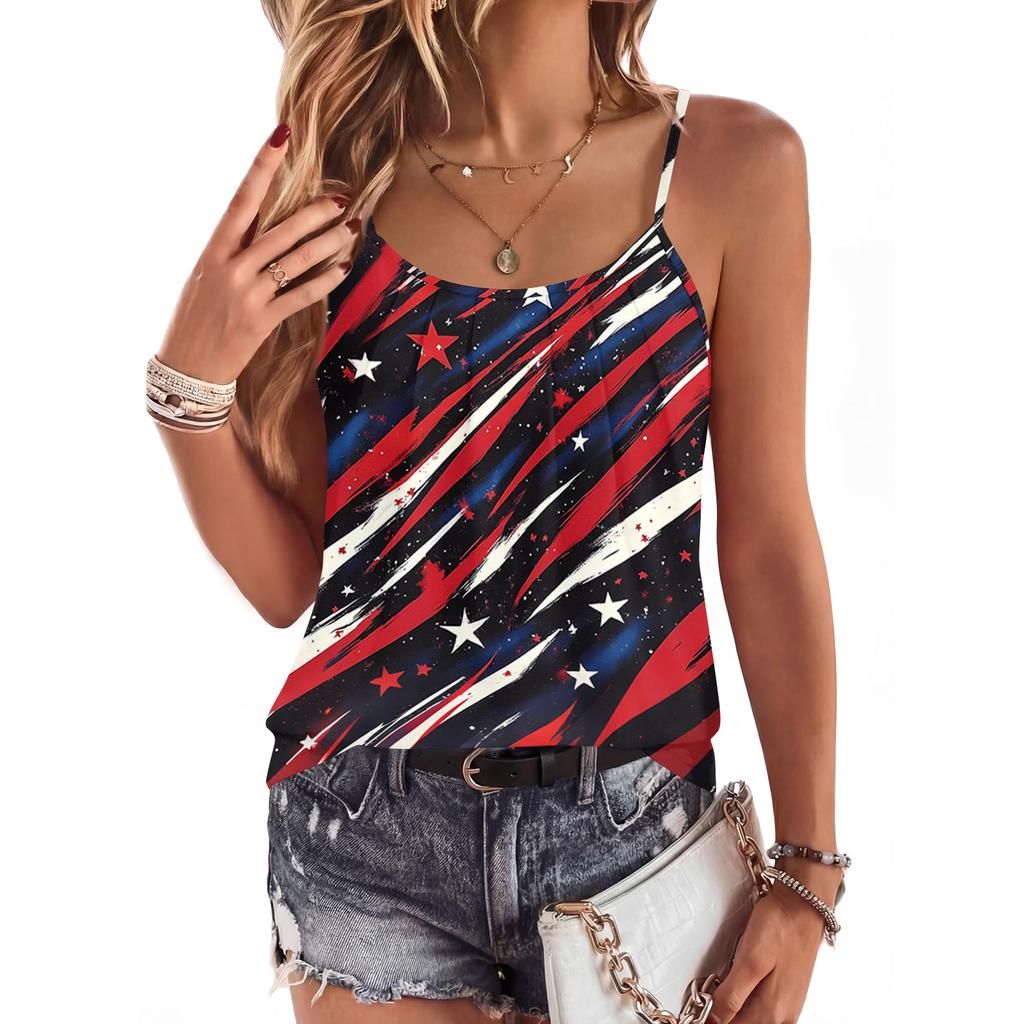 Women’s Casual Sleeveless Spaghetti Strap Ruched Tank Top with Star Print for Summer Loose Fit Fashion Vest Blouse