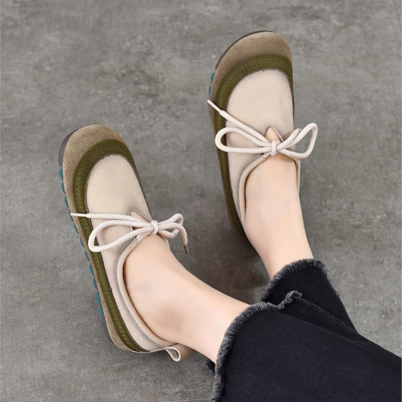 Johnature Soft Cowhide Women's Flat Shoes Genuine Leather Round Toe Mixed Colors Lace Up Casual Shoes