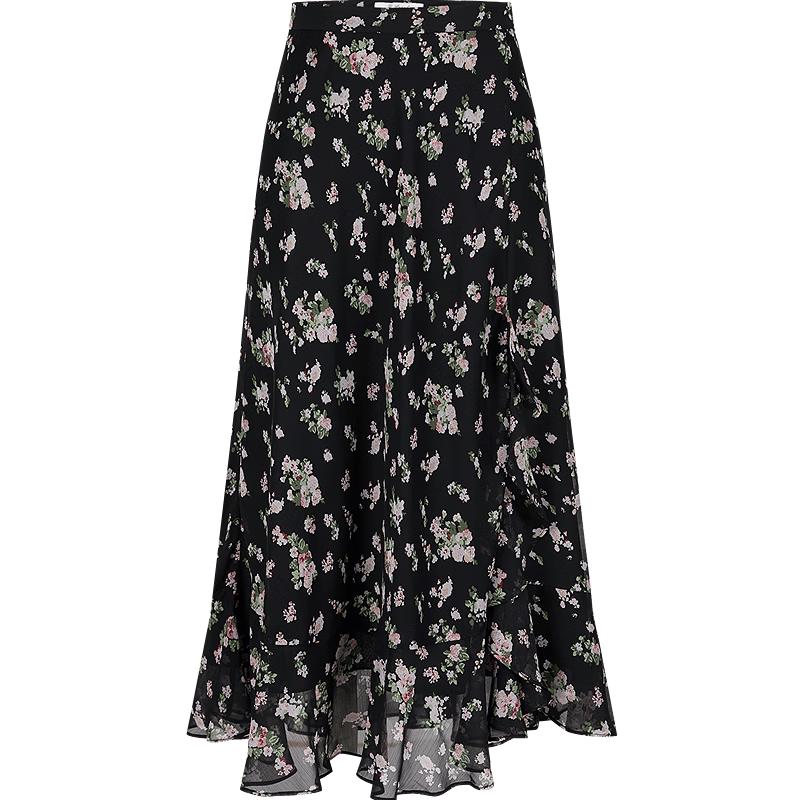 JIUZI Anacole Bohemian Ruffle Chiffon Floral A-line Skirt M