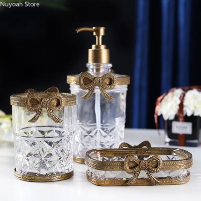 Retro Glass Brass Bathroom Supplies Lotion Bottle Soap Dish Storage Cup Handicraft Luxury Bathroom Decoration Accessories