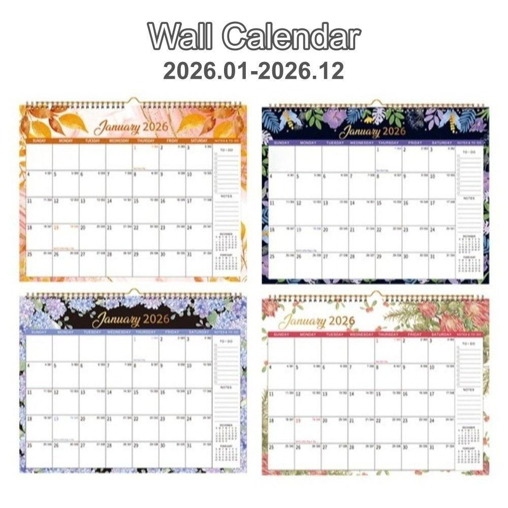 New 2026 Jan.- Dec. Wall Calendar Spiral Binding Flower Pattern Hanging Calendar 12-Month Wall Mount Monthly Calendar Office Use