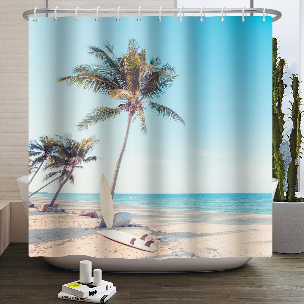 Summer Beach Sea Palm Tree Shower Curtain Tropical Surfboard 3d Waterproof Bathroom Curtain Decoration With Hooks Home Supplies