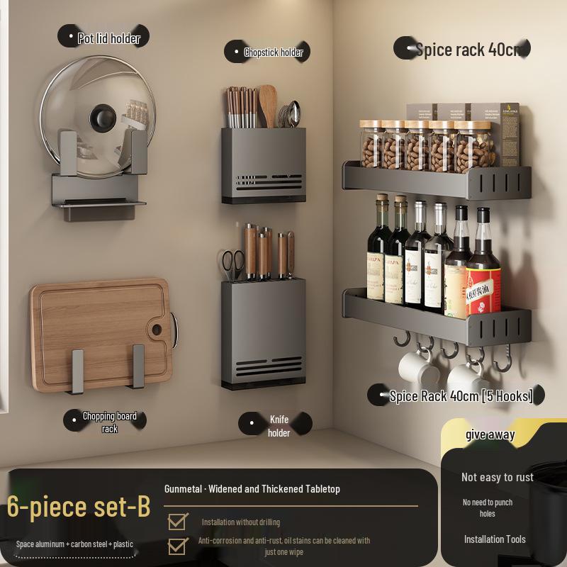 Gunmetal Gray Wall-Mounted No-Drill Kitchen Rack for Knives, Seasonings, and Cutting Boards