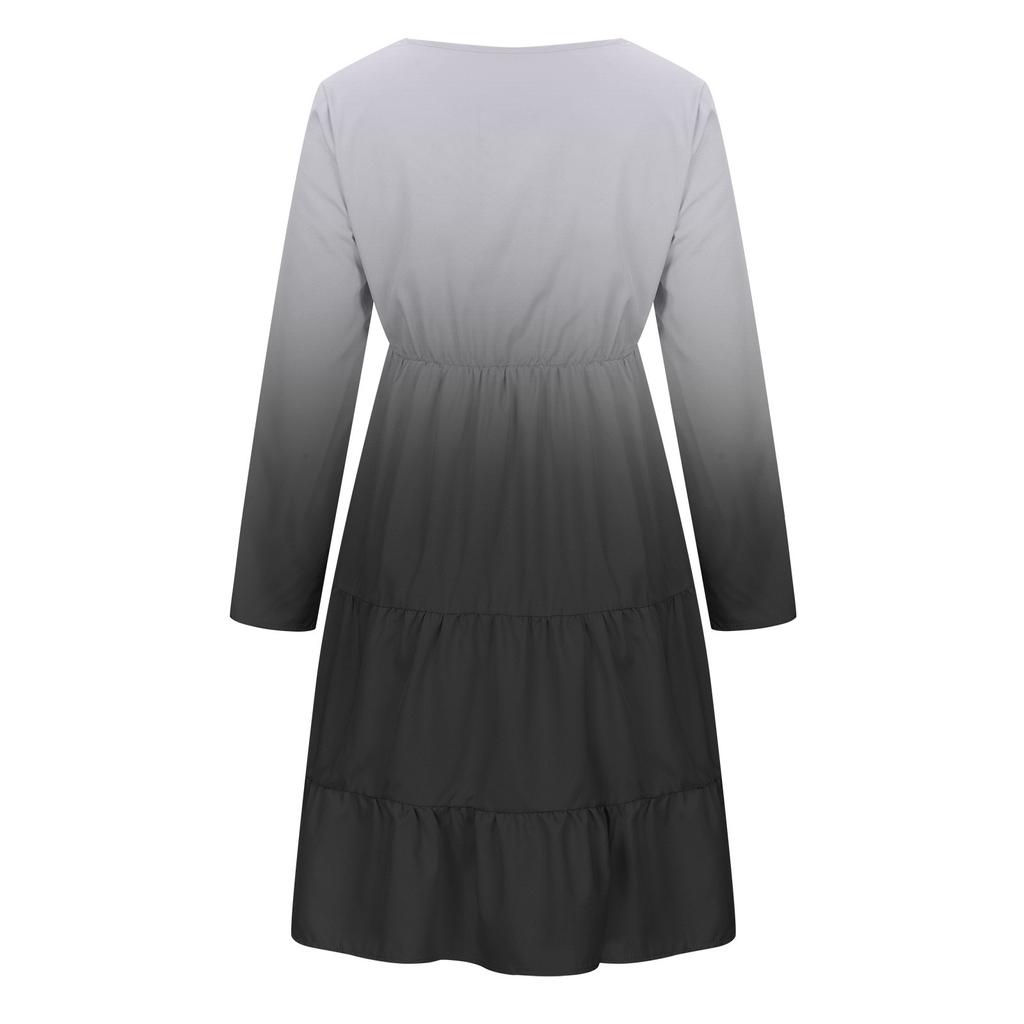 Women's Fashion Long Sleeve Round Neck Gradient  Big Swing Beach Dress