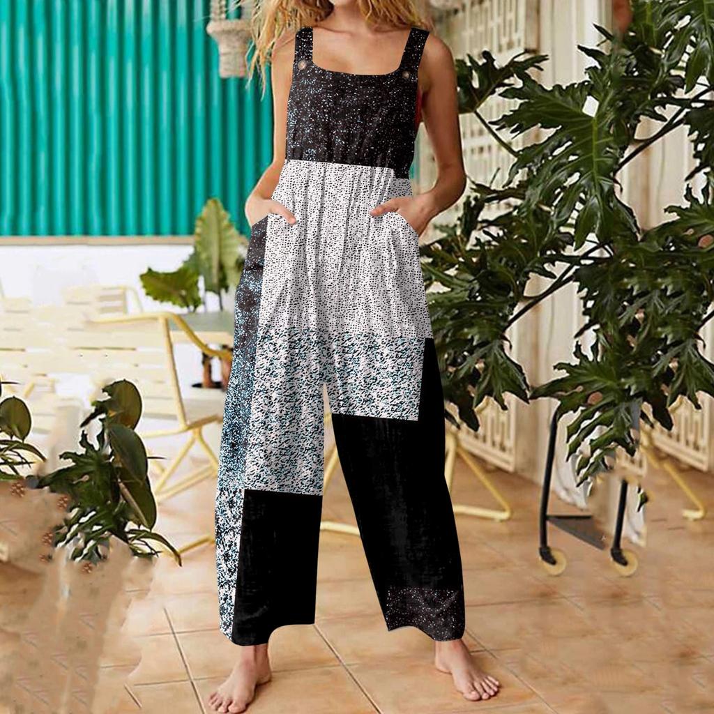 Tuta da donna casual alla moda ampia con spalline posteriori e gamba larga con stampa vintage