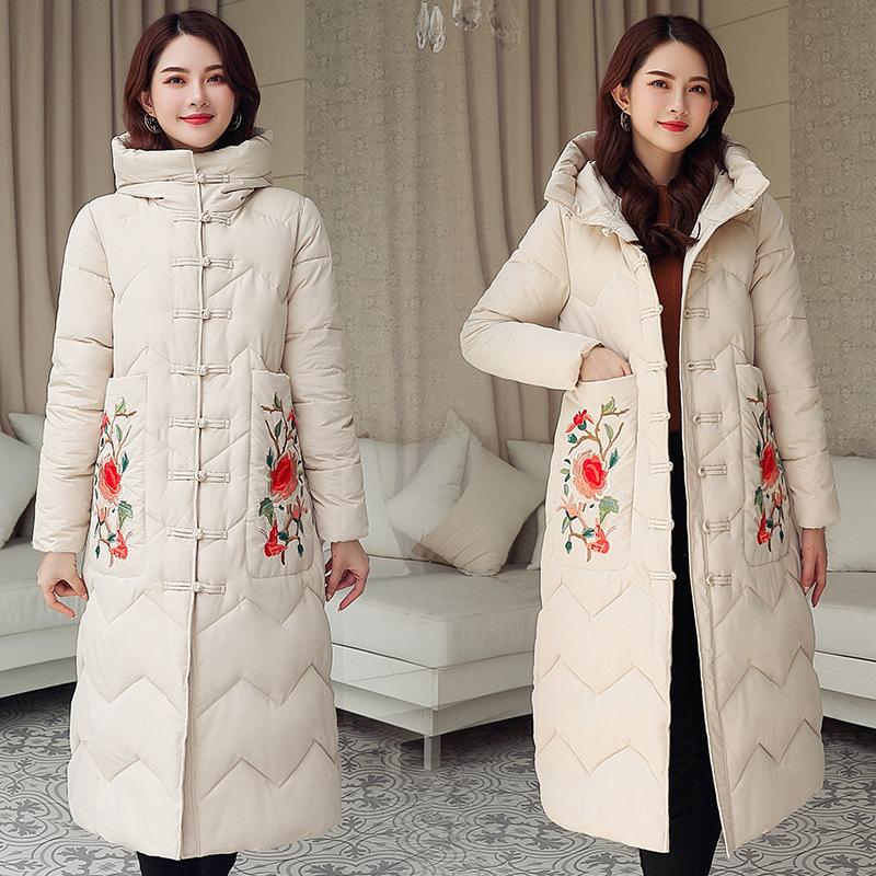 2025 plus-size long thickened Chinese style cotton jacket women's embroidered padded jacket winter over-the-knee buckle jacket